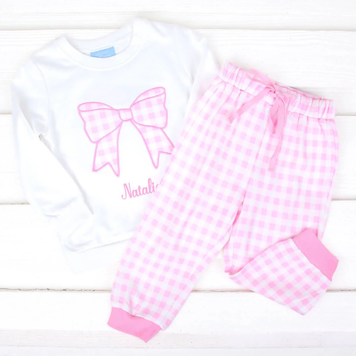 Bow Applique Pink Gingham Jogger Set | Classic Whimsy