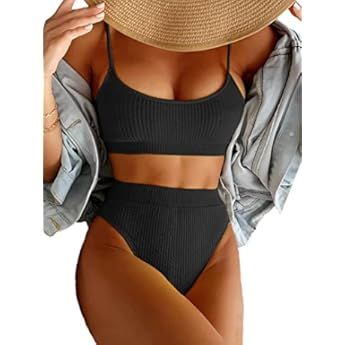 MOSHENGQI Women High Wasited Bikini Shoulder Strap 2 Piece High Cut String Swimsuits | Amazon (US)