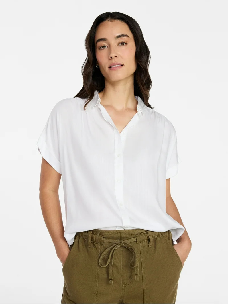 Time and Tru Women's Chambray Camp Shirt with Short Sleeves, Sizes XS-XXXL | Walmart (US)