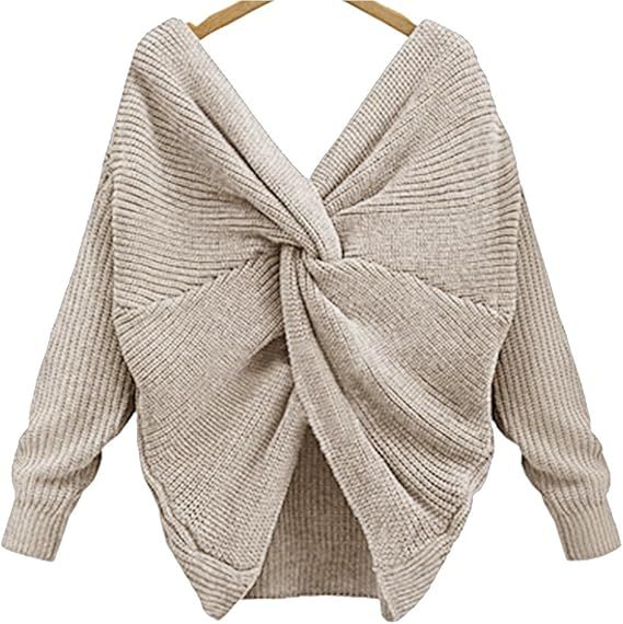 Sexyshine Women's Casual V Neck Criss Cross Backless Long Batwing Sleeve Loose Knitted Sweater Pu... | Amazon (US)