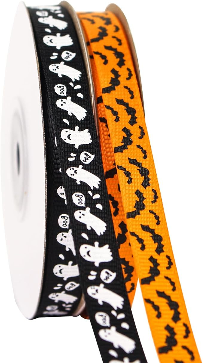 2 Rolls 50 Yards Halloween Ribbon 3/8 Inch Wide, Bat and Ghost Grosgrain Ribbon for Gift Wrapping... | Amazon (US)