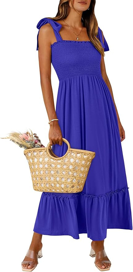 ANRABESS Women Summer Casual Strap Smocked Maxi Flowy Tiered A Line Beach Travel Sundress Wedding... | Amazon (US)