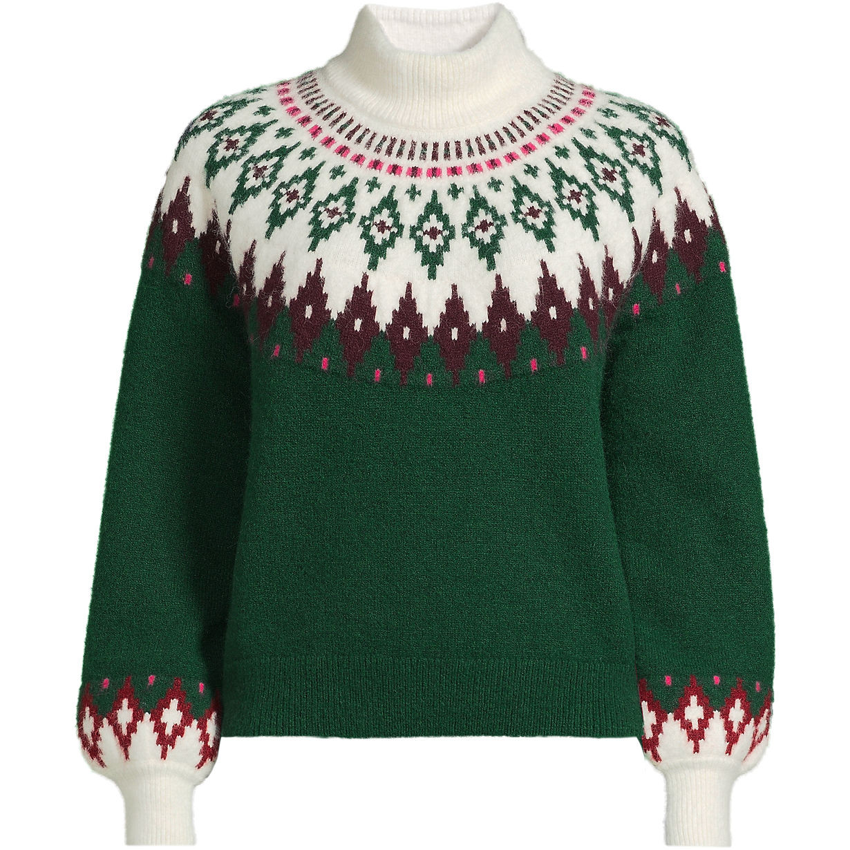 Women's Fuzzy Turtleneck Lantern Sleeve Jacquard Sweater | Lands' End (US)