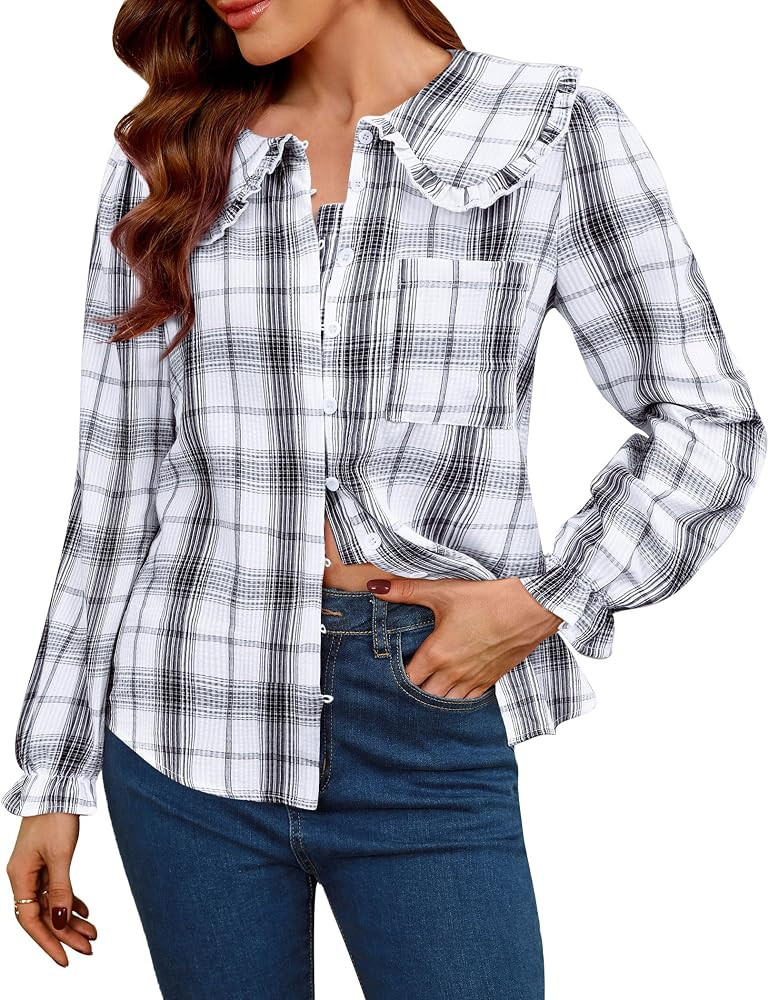 Women's Long Sleeve Shirts - Peter Pan Collar Button Down Puff Sleeve Blouse, Lightweight Fall Ca... | Amazon (US)