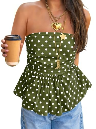 Tankaneo Womens Strapless Polka Dot Tube Tops Cute Backless Peplumn Ruffle Hem Bandeau Top Slim F... | Amazon (US)