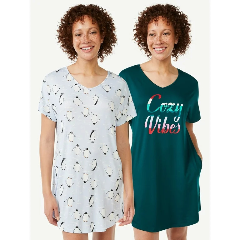 Joyspun Women's Short Sleeve Sleep Shirts, 2-Pack, Sizes up to 3X - Walmart.com | Walmart (US)