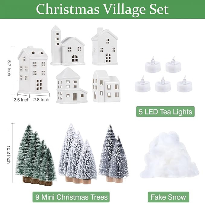 Ceramic Christmas Village Houses 5 Pcs White Christmas Houses & 9 Pcs Christmas Trees & Fake Snow... | Amazon (US)