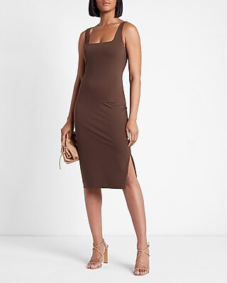 Body Contour Square Neck Side Slit Midi Dress | Express