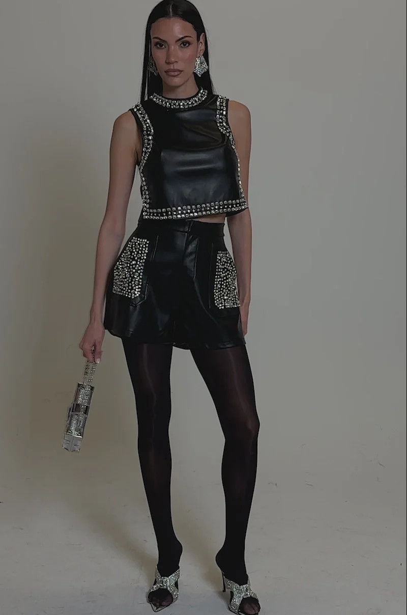 DANCE THE NIGHT AWAY FAUX LEATHER RHINESTONE BLOUSE | AKIRA