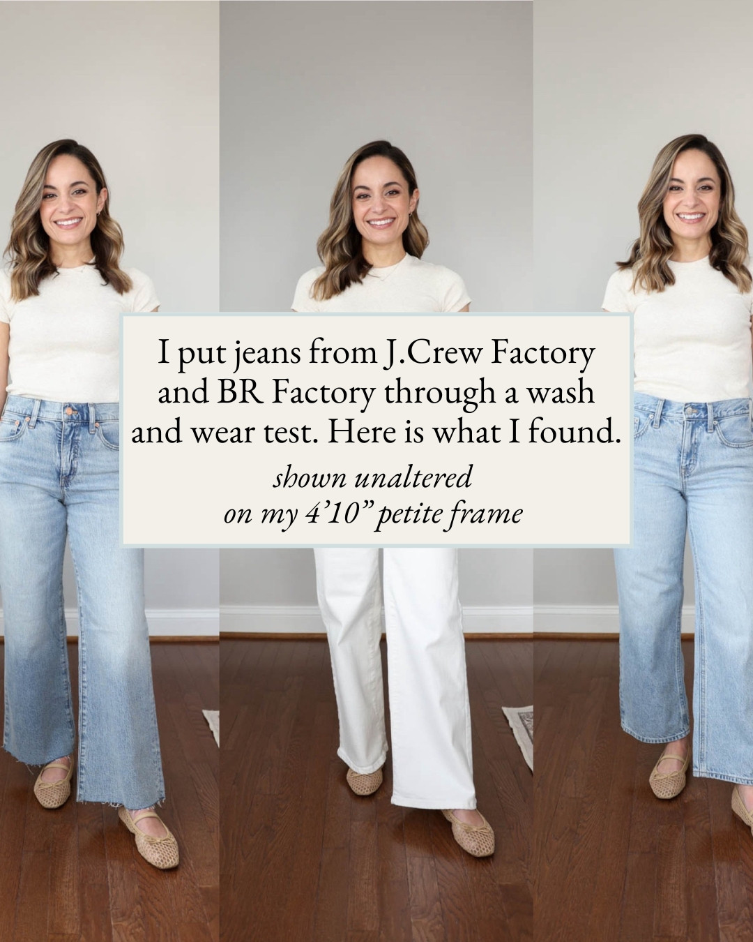 I put jeans from Banana Republic Factory and J.Crew Factory through a wash and wear test. Here is what I found. 

How I washed: cold water, tumbled low (hung dry raw hem pair)

J.Crew Factory Vintage Baggy: Petite 24 | 25.5" inseam | 10" rise | Blue Alps Wash

True to size with a relaxed fit, loose at the waist. 100% cotton option with no stretch. They shrank 1/2" in length, but I didn't notice shrinkage anywhere else. They loosen and relax with wear. 

J.Crew Factory Cropped Wide Leg: 24 Classic | 26.5" inseam | 10" rise | Spring Storm Wash

True to size. 99% cotton with 1% elastane for light stretch. This pair shrank 1/2" after washing and drying. I hung this pair to dry to preserve the hem. They loosen and relax with wear but don't bag out. 

Banana Republic Factory Wide Leg: Petite 24 | 27.5" inseam | 10" rise 

True to size. The BR Wide Jeans wear differently in different colors. The white option has a higher cotton content (88%) than other colors so I find them to hold their shape better with wear. They are medium weight, stretchy jeans. I noted 1/2" inseam shrinkage and slight tightening through the fit, but they loosened with wear. I noted loosening with wear but they held their shape. 

Top (Quince): XS
Shoes (J.Crew Factory): true to size 

My Sizing: I’m 4’10”, and my bust, waist, and hip measurements are 32″, 24″, and 36″. My ankle inseam is 25″. When referencing my true size, that is often the smallest option available at a brand or petite xxs/00/24. I wear a size 5 shoe. 

 #LTKPetite