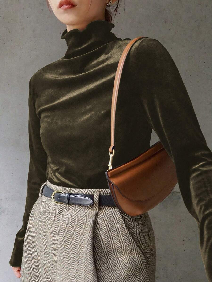 FRIFUL Women's Casual Solid Color Velvet Turtleneck Long Sleeve T-Shirt, Autumn/Winter,Fall Women... | SHEIN