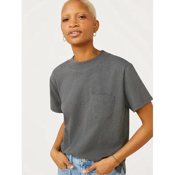 Free Assembly Women’s Boxy Cropped Mock Neck T-Shirt with Short Sleeves | Walmart (US)