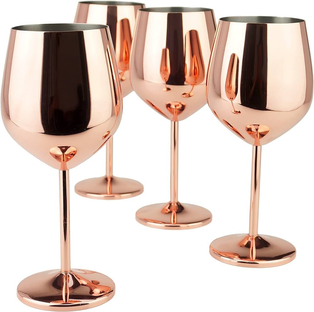 Copper/Rose Gold Stem Stainless Steel Wine Glass Set 4-18.5 oz | Amazon (US)