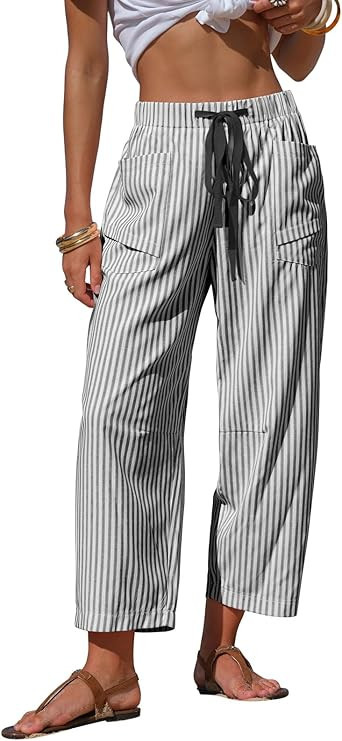 EXLURA Womens Faux Linen Striped Barrel Pants Comfy Drawstring Capri Pant with Pockets Summer Bea... | Amazon (US)