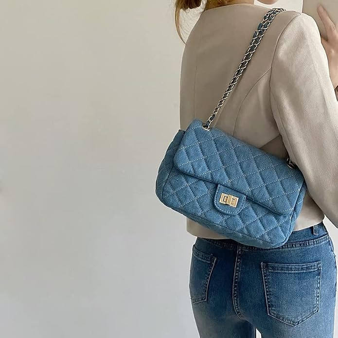 Y2k Purse Women's Small Shoulder Bag, Quilted Crossbody, Denim Wallet, Tote Bag with Chain Should... | Amazon (US)