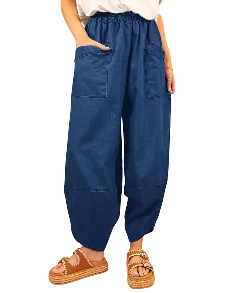 Womens Baggy Wide Leg Denim Pants Elastic Waisted Casual Loose Barrel Jeans with Pockets | Amazon (US)