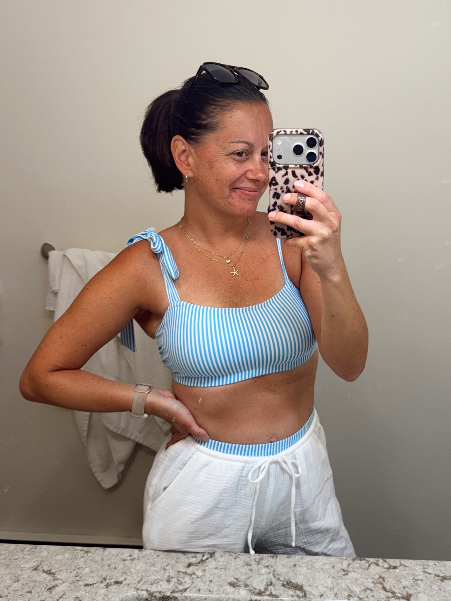 Amazon swimsuits and target swim coverup pants. 

Swimsuit runs true to size - wearing a small 
Pants run true to size - I’m wearing a small.

#LTKootd #LTKmomlife #LTKSwim