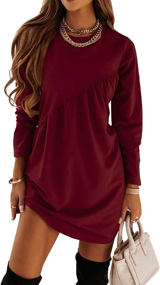 PRETTYGARDEN Women's Long Sleeve Mini Tunic Dress Casual Crewneck Loose Flowy Shift Ruched Dresse... | Amazon (US)