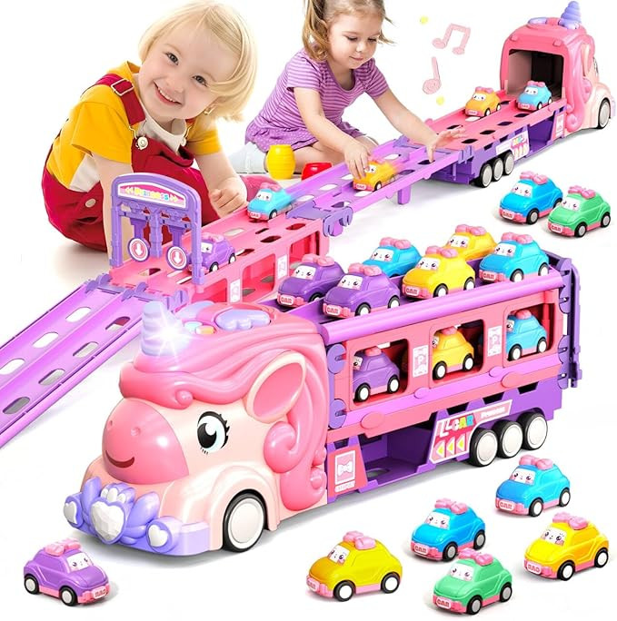 Car Toys for 3 4 5 6 7 Year Old Toddler Girl, Unicorn Toys Truck & Foldable Race Track W/Light & ... | Amazon (US)