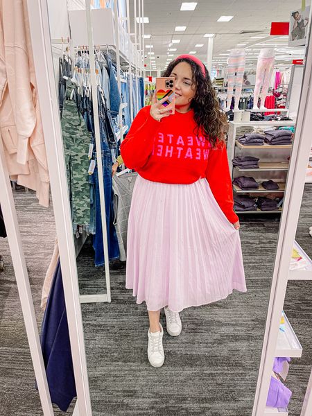 Target Women’s Crewneck Slogan Sweater - Size XL - A - line Skirt size L with Elastic - White Sneakers - Hot Pink Headband

#LTKstyletip #LTKcurves #LTKunder50