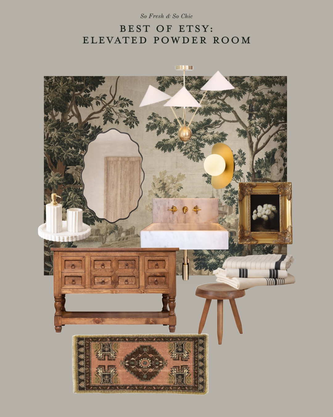 Best of Etsy: Elevated powder room.
-
Eclectic home decor - powder room decor - bathroom mood board - bathroom decor - Etsy finds - Etsy home decor - vintage landscape wallpaper - statement wallpaper - solid wood bathroom vanity - marble bathroom sink with gold taps - vintage Turkish rug - gold minimalist wall sconce - three light chandelier bathroom - amber interiors inspired lighting - scalloped edge wall mirror - bathroom mirror - marble bathroom tray and accessories - Turkish bath towels - luxury bath towels - vintage style peonies oil painting - wooden stool - moody oil painting 

#LTKFindsUnder100 #LTKHome #LTKStyleTip