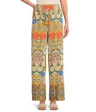 Woven Floral Print High Rise Smocked Waist Tassel Tie Wide Leg Coordinating Pants | Dillard's