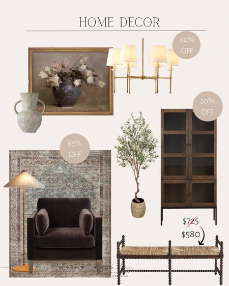 Home Decor 
Xee Iron accent cabinet / light dimmable traditional chandelier/ vantage framed canvas / accent chair / amber Lewis x Loloi antique rug / mahogany wood frame long entryway bench / large artificial olive tree / ceramic vase / floor lamp with flutter shade

#LTKsalealert #LTKhome
