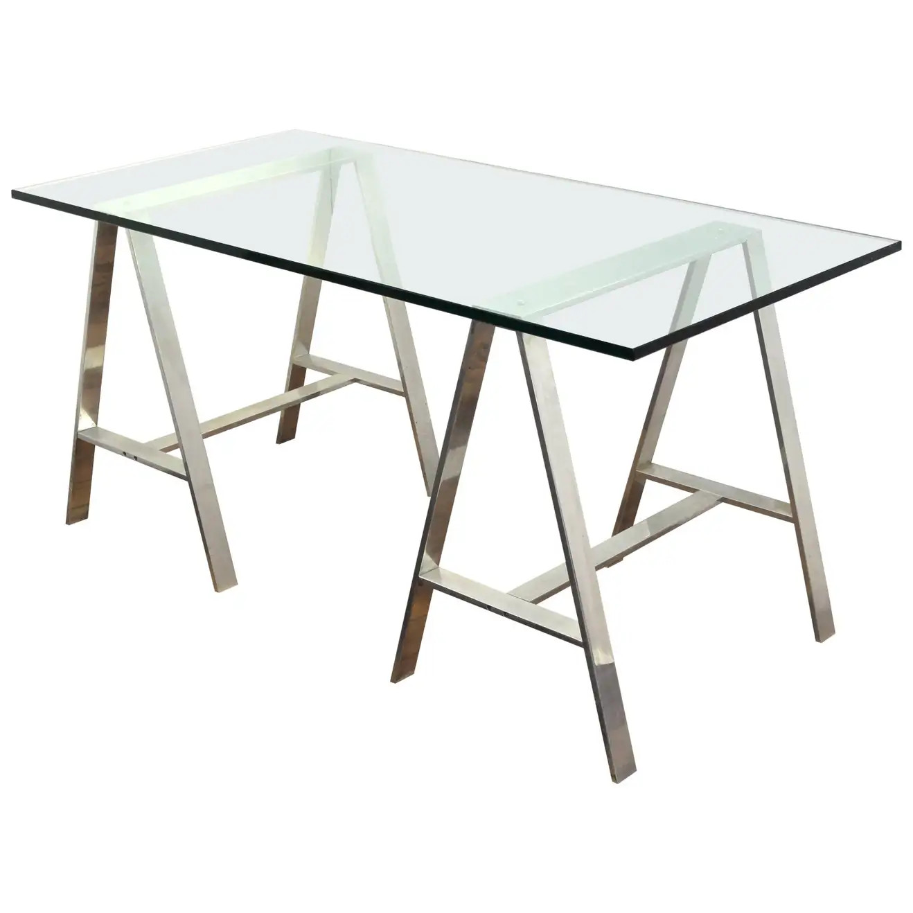 Mid-Century Modern Saw Horse Desk with Aluminum Base and Glass Top | 1stDibs