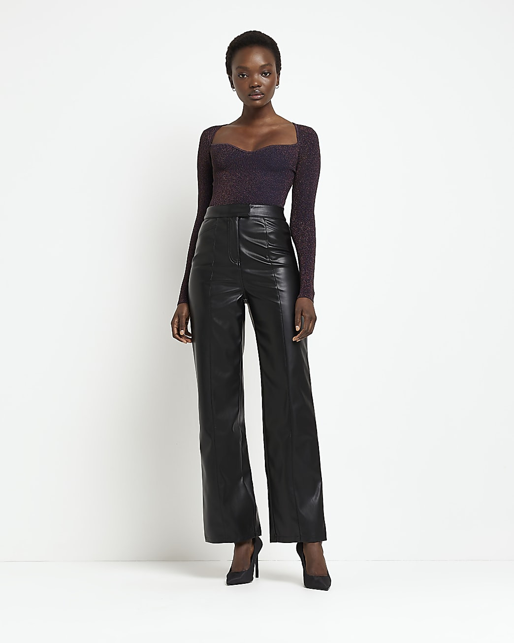 River Island Womens Navy metallic plunge long sleeve top | River Island (US)