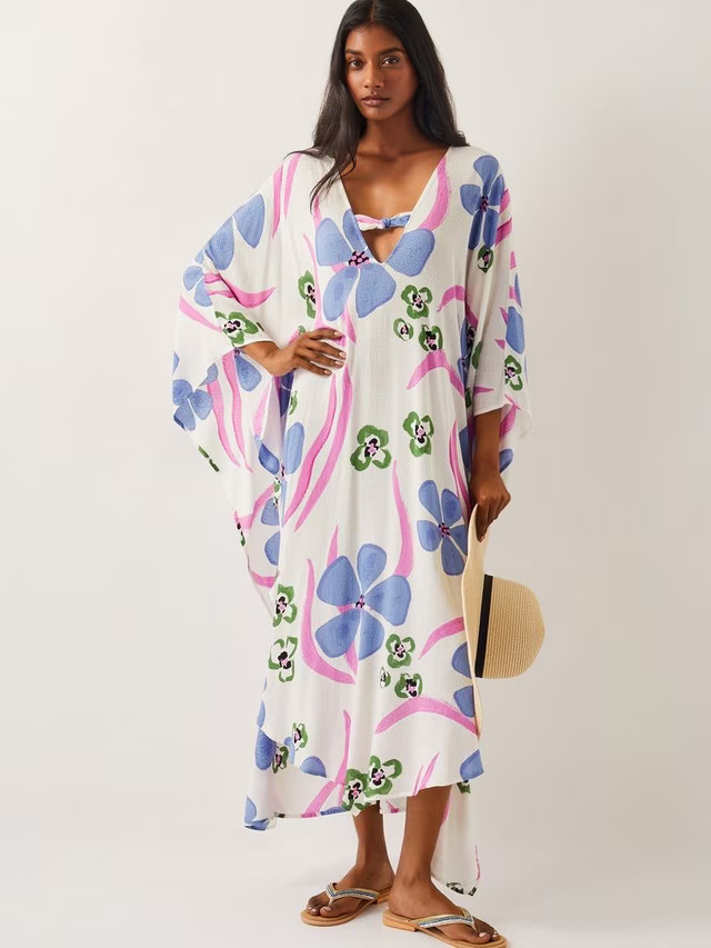 Monsoon Fiona Floral Kaftan, Ivory/Multi | John Lewis (UK)