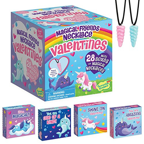 Peaceable Kingdom Valentines Cards for Kids Classroom, Set of 28 Valentines Day Gifts - Magical Friends Unicorn and Narwhal Horn Necklaces | Amazon (US)