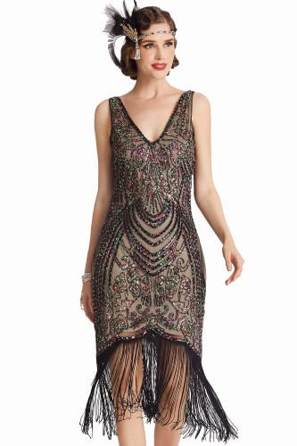 BABEYOND Flapper Dresses 1920s V Neck Beaded Fringed Great Gatsby Dress (Black Apricot, S) | Amazon (US)