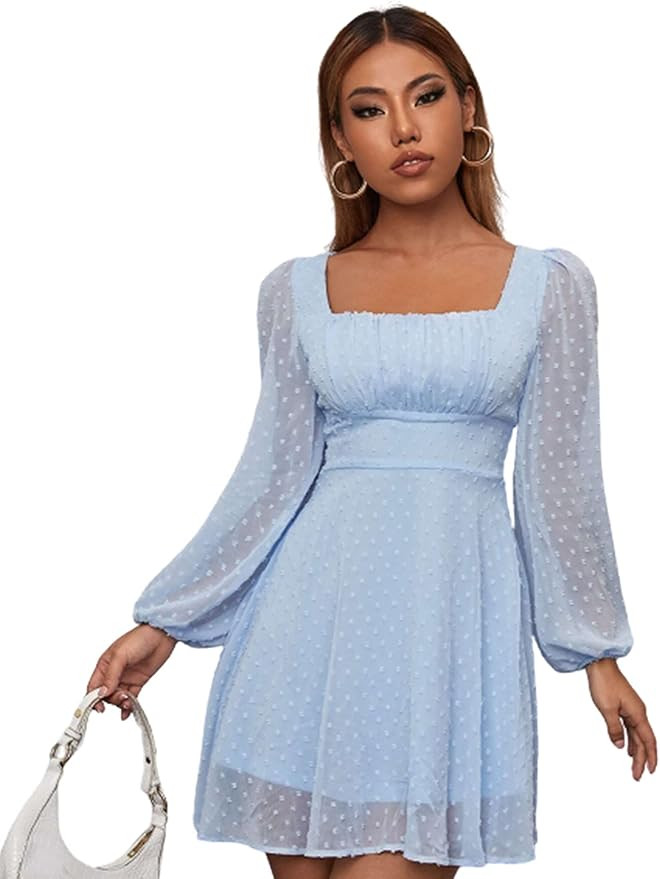 WDIRARA Women's Polka Dots Mesh Square Neck Bishop Sleeve Chiffon Dress | Amazon (US)