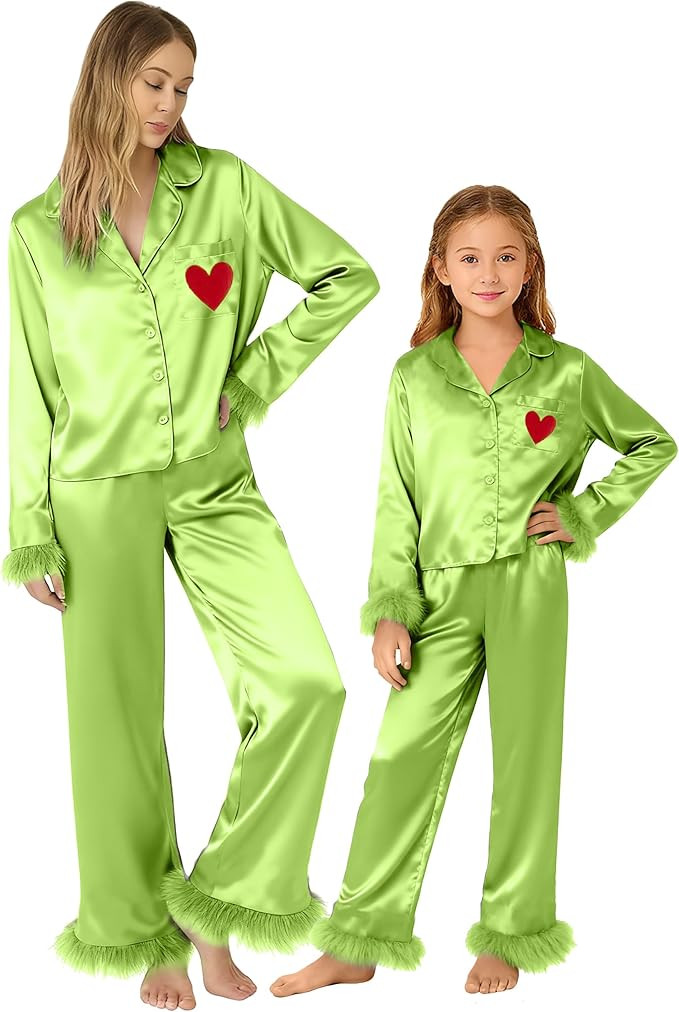 Seyurigaoka Mommy and Me Christmas Pajamas Set 2 Piece Satin Silk Feather Trim Xmas Matching Pjs ... | Amazon (US)