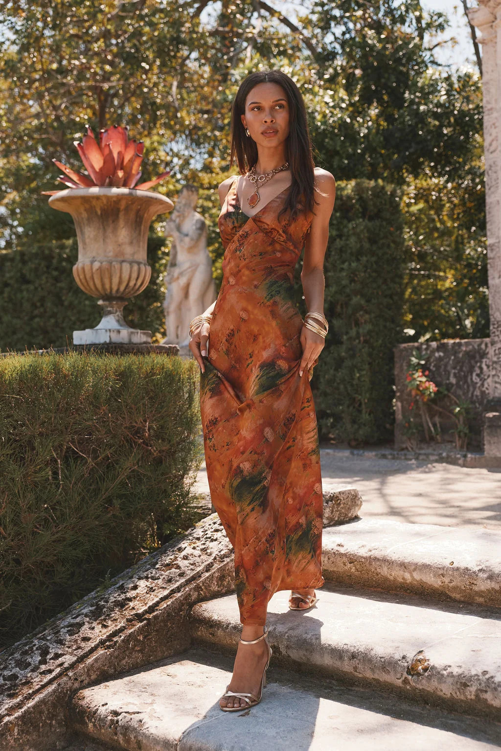 Mirabella Rust Printed Satin Maxi Dress | 12th Tribe | 12th Tribe
