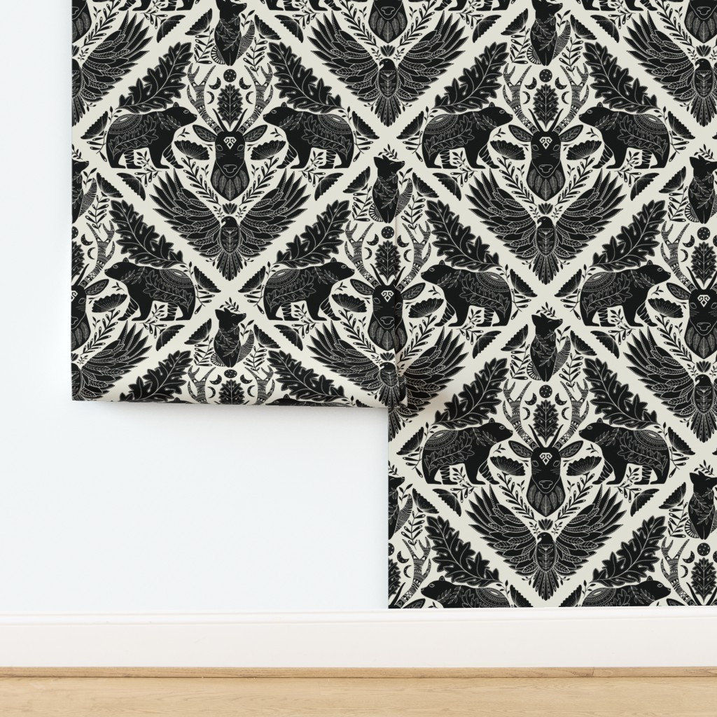 Wallpaper in Large Scale Black Wildlife forest Spirit Animals Moon Phases and Art | Spoonflower
