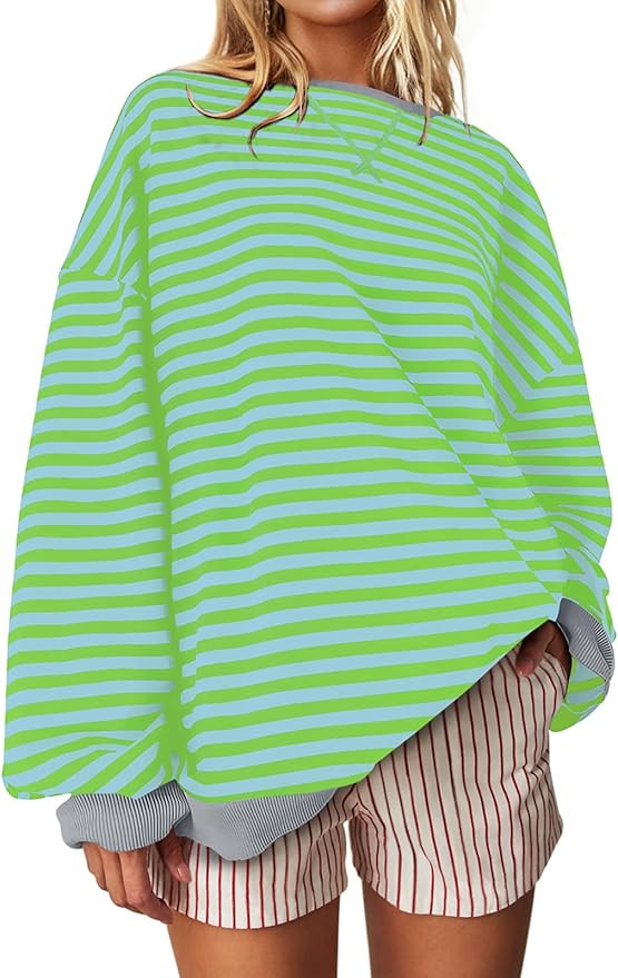 UEU Women Oversized Striped Crewneck Sweatshirt Long Sleeve Color Block Pullover Tops Casual Loos... | Amazon (US)