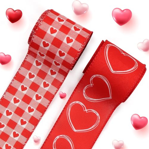 Threetols 2 Rolls 10 Yards Valentine's Day Wired Edge Ribbon, 2.5inch Red Heart Love Burlap Ribbon, Red White Buffalo Plaid Ribbon for Valentine DIY Craft Love Wreath Bow Wedding Party Decor | Amazon (US)