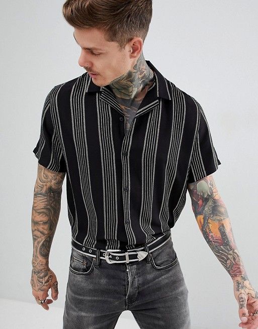 ASOS DESIGN oversized stripe shirt in black & gold with revere collar | ASOS UK