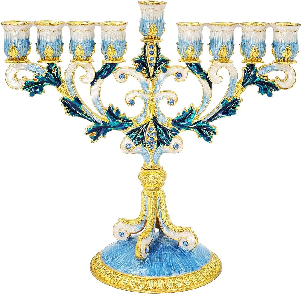 The Dreidel Company Enameled Metal Menorah with Jeweled Accents (Hand-Painted Enamel Menorah Blue... | Amazon (US)
