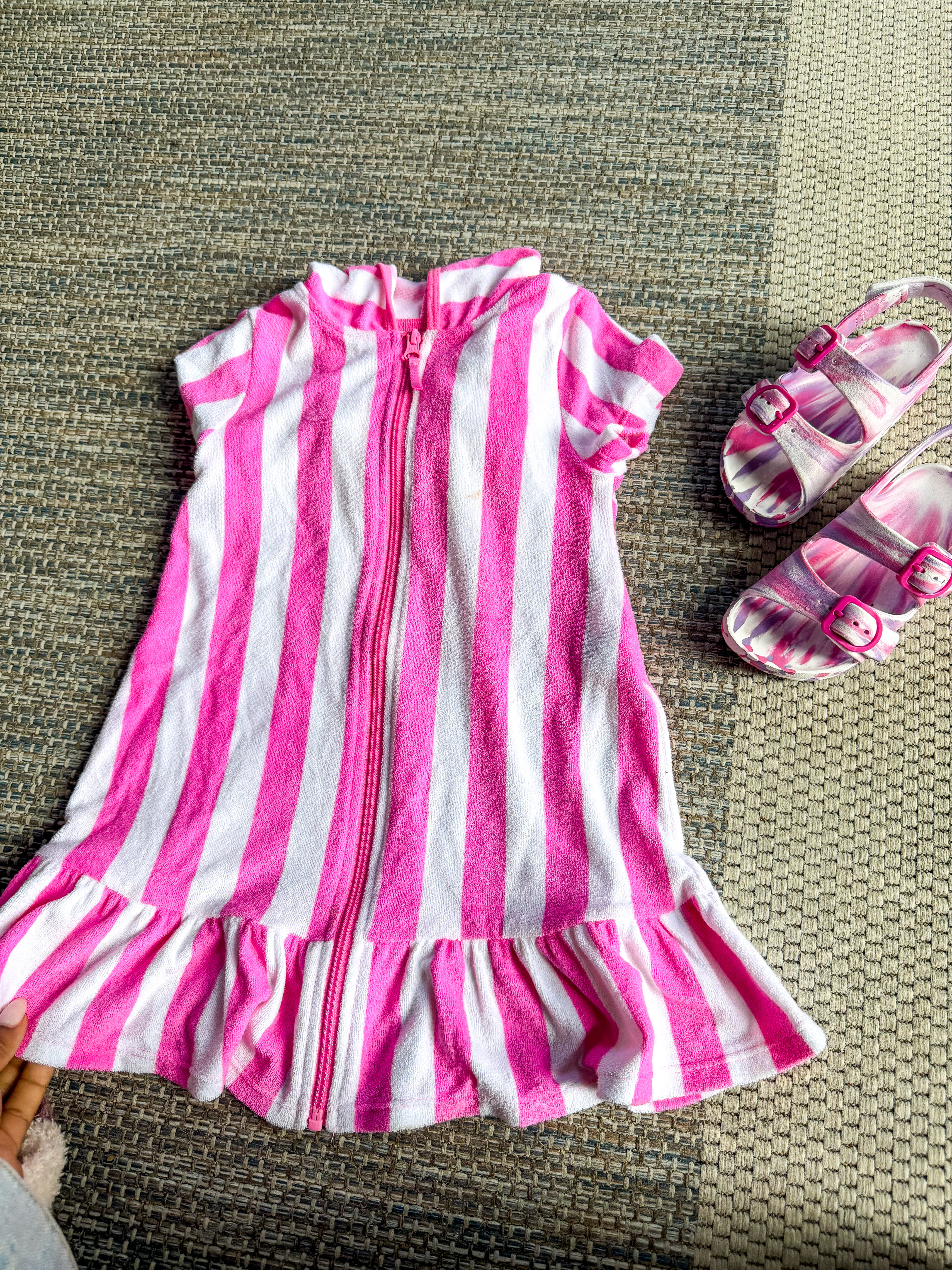 Pool days just got cuter 💖 this pink & white terry coverup dress from Walmart is under $13. Paired with these easy sandals for the sweetest little spring/summer look ☀️ 

 #LTKootd #LTKSeasonal #LTKKids