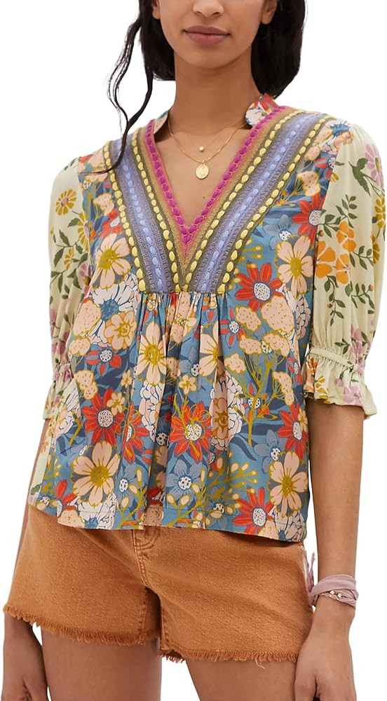 Women’s Summer Causal Boho Blouse Floral V Neck Ruffle Half Puff Sleeve Shirts 2025 Trendy Loos... | Amazon (US)