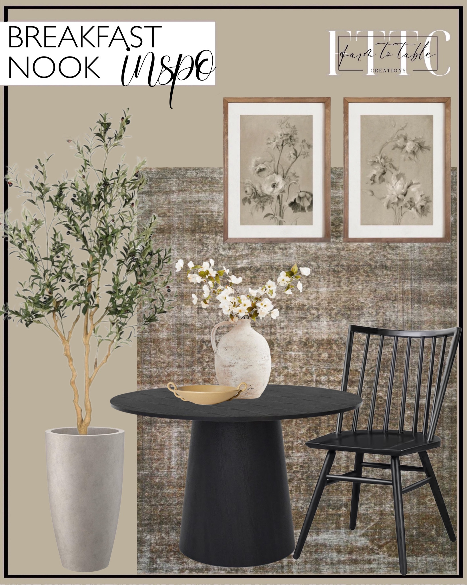 Breakfast Nook Inspo. Follow @farmtotablecreations on Instagram for more inspiration.

Realead Faux Olive Tree 7ft - Realistic Tall Silk Olive Trees Artificial Indoor Decor - Large Potted Fake Olive Tree with Branches and Fruits - Artificial Olive Trees. Kante 23.6" H Weathered Concrete Finish Concrete Tall Planters Large Outdoor Indoor Decorative Plant Pots with Drainage Hole and Rubber Plug, Modern Tapered Style for Home and Garden. Dwen 46'' Manufactured Wood Foild with Grain Paper Round Top Pedestal Dining Table- The Pop Maison. Black Talia Dining Chair. Amber Lewis Loloi Tobacco Rust Area Rug. Artisan Handcrafted Terracotta Vase Large Jug. Ceramic Link Bowl with Handles. Antique Neutral Floral Print SET of Two | Vintage Muted Art | Digital PRINTABLE North Prints. 



#LTKFindsUnder50 #LTKHome #LTKSaleAlert