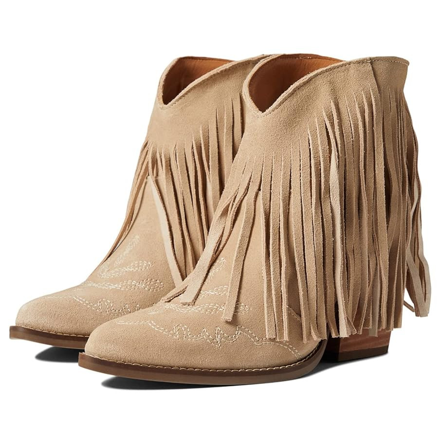 MOOMMO Women Tassel Western Booties Chunky Block Heel Suede Cowboy Ankle Boots Fringe Pointed Clo... | Amazon (US)