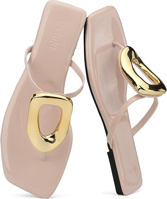 Womens Flat Sandals Square Comfortable Flip Flops Slide Summer Beach Shoes with Metal Decoration | Amazon (US)