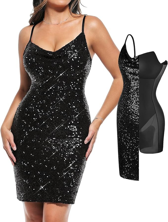 Popilush Sequin Mini Dress for Women - Slimming Shapewear with Cowl Neck Bodycon Sparkly Gown Coc... | Amazon (US)