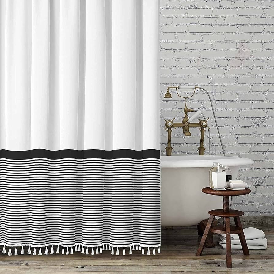 Seasonwood Black and White Shower Curtain Striped with Tassels for Bathroom Decor,Heavy Weighted ... | Amazon (US)