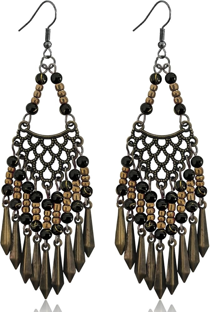 Handmade Vintage Bronze Bohemian Long Tassel Colorful Bead Dangle Drop Earrings Big Tribal Chande... | Amazon (US)