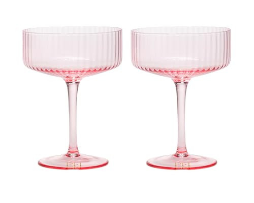 Paris Hilton Ribbed Coupe Cocktail Glass Set, Elegant Fluted Glassware, Perfect for Champagne, Martinis, Wine and More, Set of 2, 10-Ounce, Pink | Amazon (US)