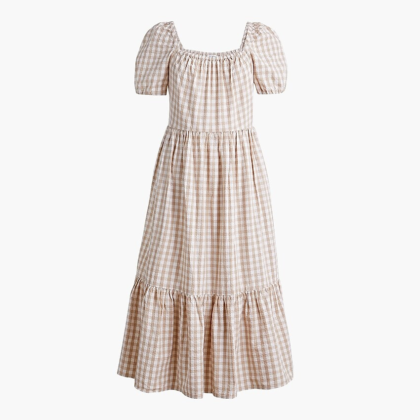 Gingham puff-sleeve tiered midi dress | J.Crew Factory